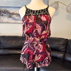 Cache 100% Silk Y2K Crochet Beaded Cami Top Pink Purple Print Pattern Size M